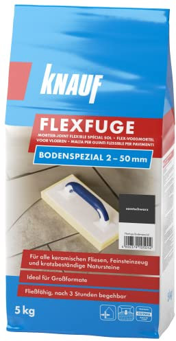 Knauf Flexfuge Bodenspezial Samtschwarz 5 kg, zum Verfugen von allen keramischen Fliesen und kratzbeständigen Natursteinen im Innen- & Außenbereich, ideal bei unregelmäßigen Fugen, selbstverlaufend