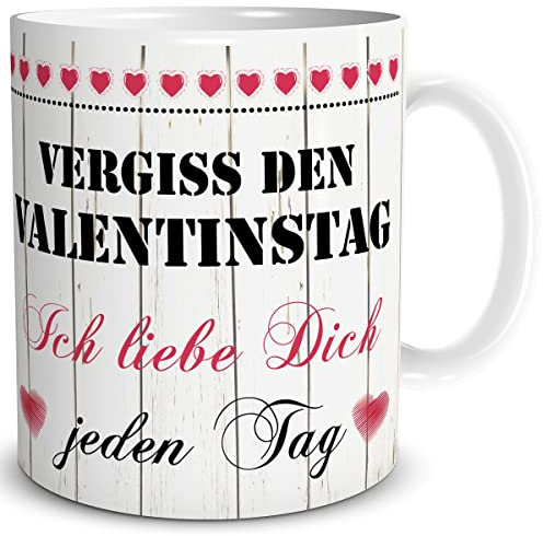 TRIOSK Tasse Vergiss den Valentinstag mit Spruch Ich liebe Dich jeden Tag Geschenk lustig für Sie Ihn Frauen Männer verliebte Paare Rot, Keramik 300ml