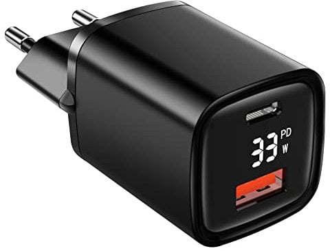 Eaxus® USB A + USB C Ladegerät mit Display - 2 Port 33W USB Netzteil mit Power Delivery / QC4.0 & Schnellladefunktion, Schwarz