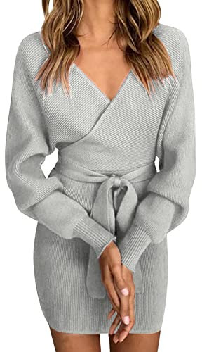 Robe Pull Femme Elégant Robe Tricoté Col V Manche Longue Casual Robe Automne Hiver Tunique Chic Jupe Courte Robe Moulante Slim avec Ceinture,Gris L