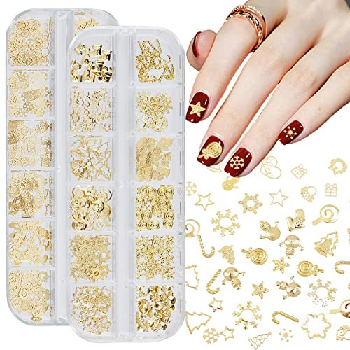 NICENEEDED 2 Boxes Christmas Nail Art Sequins, 3D Snowflake Snowman Bell Elk Design Nail Glitters, Holographic Laser Gold Xmas Nail Art Flakes for Christmas Party Nail Decoration