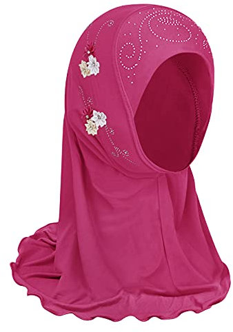 Mädchen Kopftuch Kinder Muslimischer Hijab Kleines Mädchen Moslem Schal mit Blumen Arabien Islamische Kopfkappe Kleidung Schal Sommer Stretch Turban Gesichtsschleier Kopfbedeckung (Blümchen-Rosa)