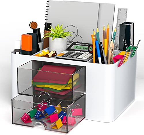Tapsin Schreibtisch Organizer 5 Fächer Stiftehalter Schreibtisch Tisch Organizer mit Schublade Transparente Schubladenspeicherbox für Stifte Büro Zuhause Schule Platzsparendes