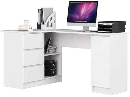Happy Babies Eckschreibtisch Weiß Modern Ecktisch 155x77x85 Computertisch mit Schubladen Einlegeböden und Regal mit Türen Bürotisch & Gaming Tisch