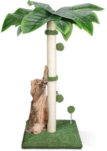 HEVOL Rascador para Gatos, 85cm Arvore para Gatos de Sisal con Base Manta de Suave, Poste de Rascador para Gatos con 2 Bola Colgante y 1 Pelota de Juguete Primavera, Arbol para Gatos Interior, Verde
