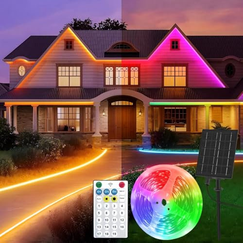 Aitesuo Solar LED Strip 5m, RGB & Warmweiß 3000K LED Streifen Außen mit Fernbedienung, Dimmbar, 19 Modi, Timers, 600 LEDs, IP65 Wasserdicht, LED Band für Garten, Terrasse, Party Deko