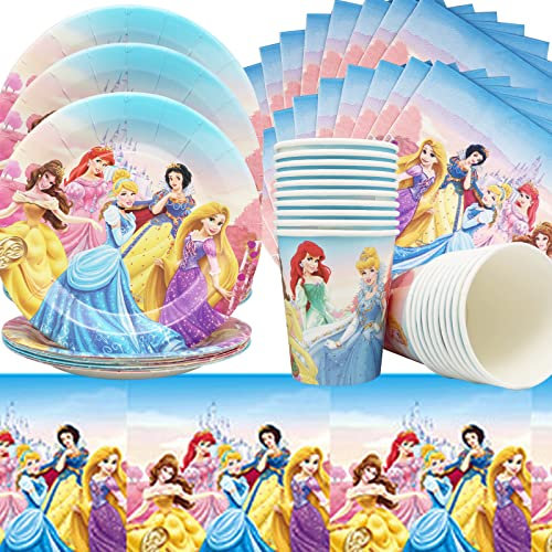 Doyomtoy Principesse Stoviglie per Feste, 61 Pezzi Decorazioni Piatti , Tazze, Tovaglioli per Bambini Compleanno Favors