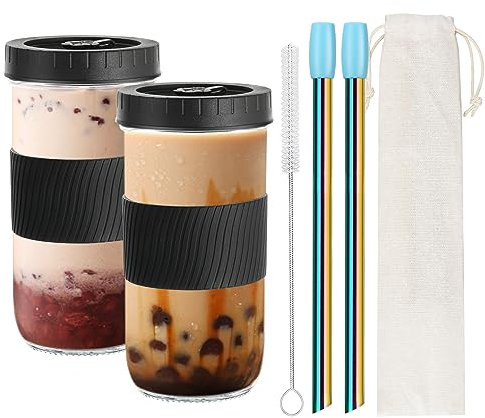 Ulrikco 2 Pack Reusable Boba Cup Bubble Tea Cups, 730ml/24oz Drinking Glasses Cups with Lids and Straw, Smoothie Tumbler Cups, Travel Glass Tumbler Mason Jar for Ice Tea Coffee Drinks