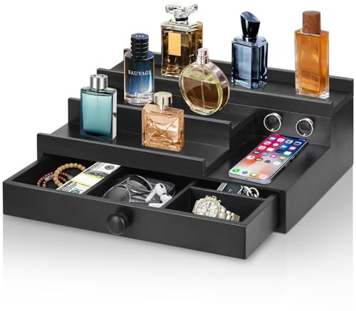 Cologne Organizer for Men with Drawer, Wood Cologne Stand Display Shelf with Hidden Compartment, Perfume Holder Organizer for Dresser, Room Essentials for Men, Display Risers, Gift for Husband, Father