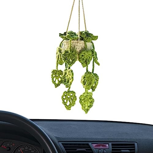 Qihuyi Gehäkelte Hängepflanze fü Auto, Gestrickte Topfpflanzen für Autospiegel, Topfpflanzen häkeln Autozubehör, Auto Topfpflanzenzubehör für Freundin