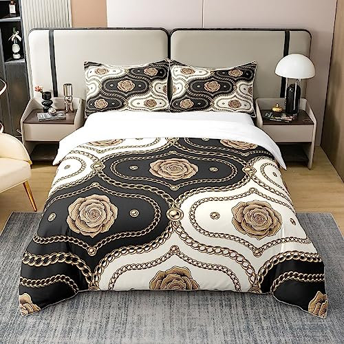 100% Cotton Gold Rose Bedding Set Single Black and White Damask Duvet Cover,Vintage Floral Luxury Baroque Style Comforter Cover for Girls Women Couple,Soft Breathable Comfy Quilt Cover