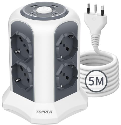TOPREK Multipresa Verticale Con 8 Prese Universali ITA 10/16A e Schuko, 2 USB C e 2 USB A (20W PD3.0 Ricarica Rapida), 5M Cavo, 4000W/16A, Ciabatta Con Interruttore, Grigio Scuro