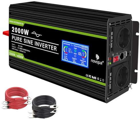 NOVOPAL 2000W Convertisseur Pur Sinus -DC 12V à AC 220V/230V Onduleur avec écran LCD et Télécommande -Puissance de Pointe 4000W Transformateur de Tension