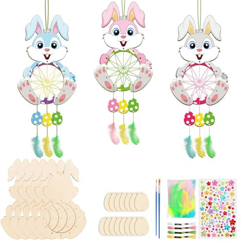 MONCAP 5 Stück Osterhasen Bastelset Kinder Ostern Holz zum Bemalen Osterhasen Kreativset Kinder Traumfänger Basteln für Mädchen Jungen Frühling Ostern Party Geschenk