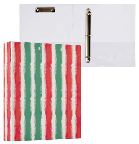 Dekoratives süßes Drei-Ringbuch 3,8 cm, 3-Ringbuch mit 3 Innentaschen, einfacher Ordner-Organizer für Arbeit, Schule, Büro, Rot, Grün, Beige, gestreift, 1 Stück