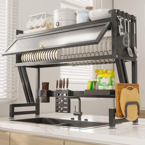 Escurridores de Platos Grandes, Escurreplatos sobre Fregadero de 2 Niveles para encimera de Cocina, Escurridor de Platos Escurrido automático, con Soporte para Utensilios