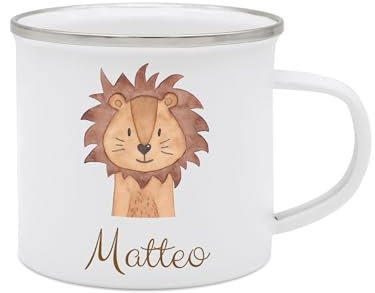 wunderwunsch - Personalisierte Emaille Tasse Kinder mit hochwertigem Spezial-Druck – Bruchsicher, Leicht & Umweltfreundlich – Perfekt für Zuhause, Kindergarten oder Camping (Löwe)