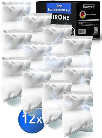 BonAura® AirOne Luftentfeuchter Nachfüllpack I 12er Set 680g Luftentfeuchter Granulat I Entfeuchter Nachfüllpack für Wohnräume I Schutz gegen Schimmel & Gerüche