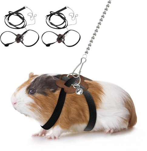 CQJ 2er-Pack Verstellbares Geschirr mit Leine für Hamster, Frettchen, Junge Kaninchen, Ratten und Mäuse – mit Glöckchen (Schwarz)