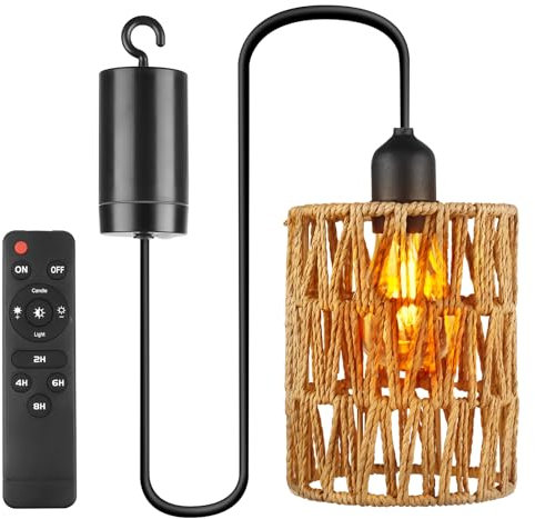 Lámpara colgante con batería, lámpara colgante con mando a distancia, lámpara colgante sin conexión de alimentación, lámpara de ratán, lámpara bohemia para patio, jardín, cenador, salón, dormitorio