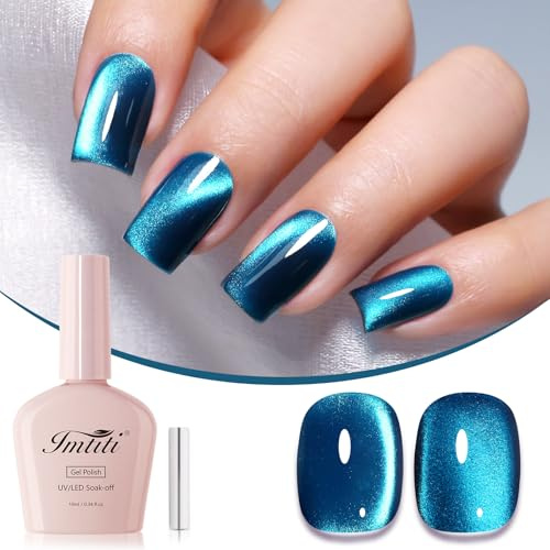 Imtiti Peacock Blue Cat Eye Gel Nail Polish 10ML Deep Teal Magnetic Aurora UV LED Soak Off 28+ Days High Gloss Salon Nail Art Magnet Stick Women Girls Gift 0.34 fl oz