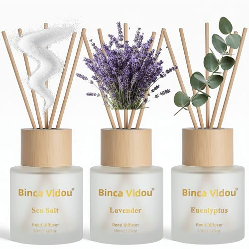 Binca Vidou Reed Diffuser Set,Natural Scent Oil Diffusers with Sticks for Home Office Bathroom Aromatherapy Decor(Lavender,Eucalyptus,Sea Salt,50ml)