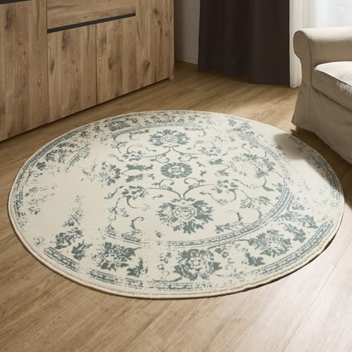 Interiyou Suzuka Vintage Teppich Wohnzimmer - 120x120 cm Rund Creme/Mint - orientalisches Muster Kurzflor für Wohnzimmer, Esszimmer, Schlafzimmer