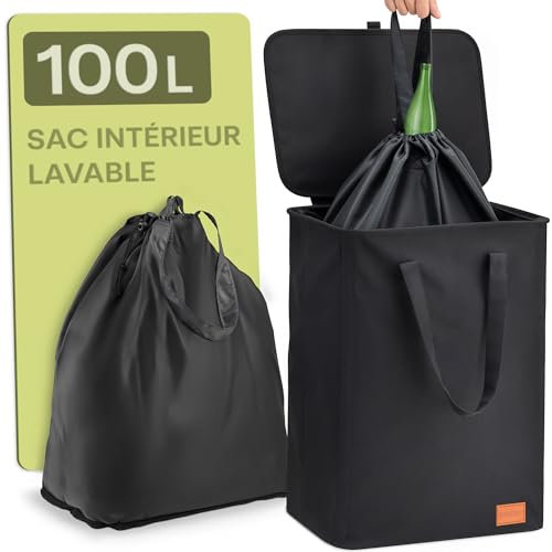 Poubelle de Tri Sélectif 100L - Collecteur de Bouteilles pour Recyclables & Verre - Poignées Doubles - Cordon Sécurisé - Résistante à l’Eau avec Sac de Transport - pour Cuisine & Balcon