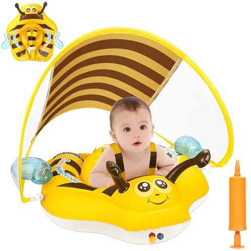 Bouee Bebe, Bouee Bebe avec Pare Soleil, Bouee Bebe Piscine, Bouee Bebe Parasol, Flotteur de Natation Gonflable pour Bébé avec Support Inférieur pour bébé de 6 à 24Mois (Mise à Niveau)