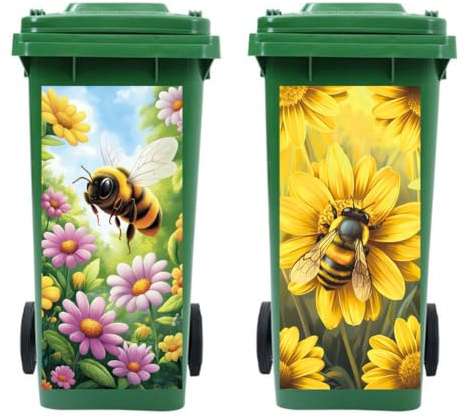 Peacoblue 2 Stück Mülltonnenaufkleber 38x82cm Biene und Blumen Mülltonnen Aufkleber Wetterfest Groß Mülltonnen Sticker Draußen Für Auffahrt, Garten, Wand, Außen-und Innendekoration