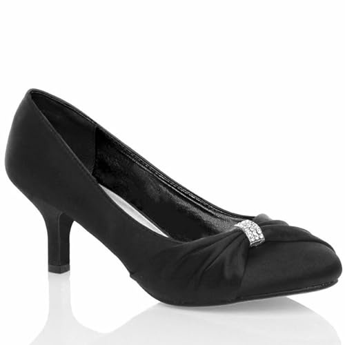 Women’s Satin Low Kitten Heel Court Shoes – Diamante Buckle Bridal Bridesmaid Prom Party Heels for Wedding-Black 4 UK