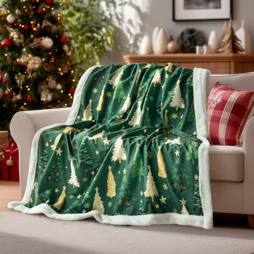 Horaldaily Weihnachten Sherpa Decke werfen, grüne Weihnachtsbäume Fuzzy Plüsch gemütliche Fleece-Decken für Bett Sofa Couch Reisen Camping, 60x80 Zoll
