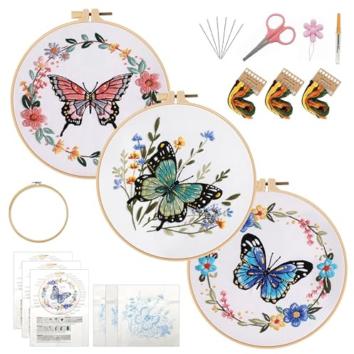 KEKEMEOW 3 Sets Stickerei-Kit für Anfänger, Nähte mit Schmetterling und Blumen, Stickerei-Übungssatz für Erwachsene Handwerksliebhaber, Nadelpunkt-Hand-Stickerei-Kit mit Muster、Anleitung、Reifen