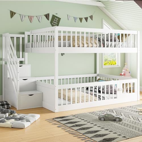 Kelodan Letto a castello 140 x 200 cm, con scala di sicurezza e cassetti, bianco