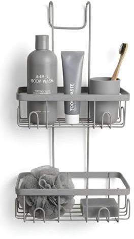 2 Tier Over Shower Screen Rectangular Hanging Shower Rack Storage Tidy Rustproof Bathroom Organizer Toilet Storage Holder Deep Compartment Caddy Compact Camping Caravan Storage Organizer (Grey)