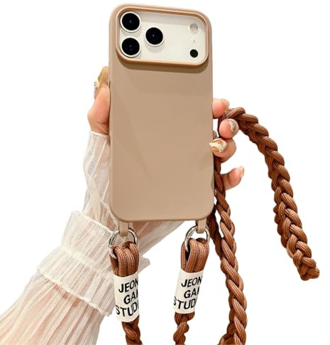 Emlivi Handykette Hülle für iPhone 17 Necklace Handyhülle Nylon Schultergurt Liquid Silikon TPU Cover mit Kordel zum Umhängen Schutzhülle mit Stylische Band Case für iPhone 17,Milchtee