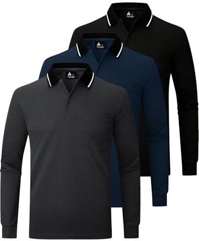 JACKETOWN 3 Pack Mens Polo Shirts Long Sleeve Breathable Work Polo Shirts Adult Casual Multipack Golf T Shirt with Pocket