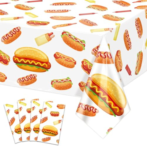 4 Stück Hot Dog Tischdecken Rechteckige Picknick-Tischdecke für Würstchen, Grillgut, Hot Dogs, Geburtstagsfeier-Dekorationen, 130 x 220 cm
