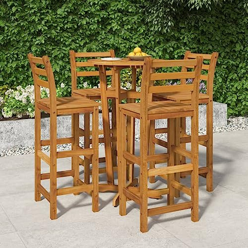 Mokuyary Gartentisch und Hocker, 5 Stück, massives Akazienholz, Tisch und Stühle, Terrasse, Gartenmöbel für Terrasse, Garten, Veranda, Balkon, Barstuhl mit Rückenlehne