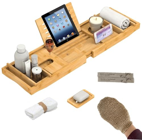 Large Wooden Bath Tray with Exfoliating Glove,75×23cm Bamboo Bath Caddy with Wine Glass, Book & Phone Holder, Expendable Bath Shelf with Face Towel, Foldable Bath Board Tray for Spa Relaxing