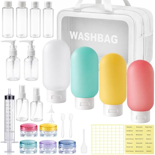 Maxumille 26 Pcs Flacon Voyage en Silicone + Sac de Toilette Double Couche | Kit Voyage Produit, Rechargeable Contenant de Bouteilles avec Trousse de Toilette pour Shampoo, Creme,Liquidi e Lotion(Blanc)