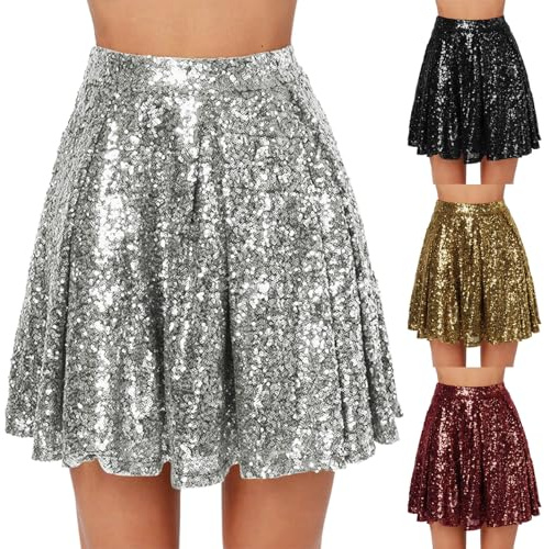 Pailettenrock Für Damen Glitzer Rock Kurz Damen Sexy Midi Skirt Hüftrock mit Elastische Taille Party Outfit Karneval Minirock Glitzer Pailletten Rock Goldener Minirock Party