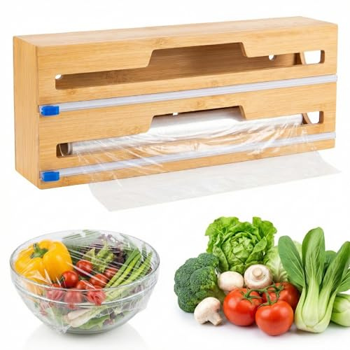 CROWNSHOP Foil and Cling Film Dispenser & Cutter, 2-Roll Bamboo Yellow | Wrap Organiser for Cling Film, Baking Paper, Fits 2 Rolls up to 35 cm Wide, Wall Mounted, Countertop (Black)