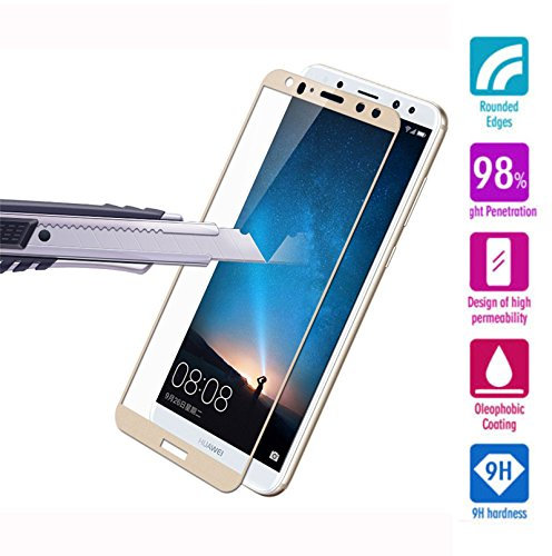 MUNDDY Protector de Pantalla Completa para Huawei Mate 10 Lite de Dureza de 9H sin Burbujas (Dorado) .Full Cover Huawei Mate 10 Lite Cristal Vidrio Templado Completa con Bordes Redondeados. (Dorado)