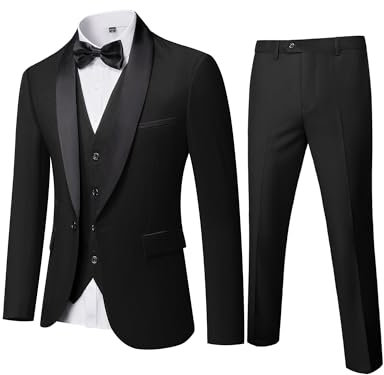 MYS Herren 3-teiliger Anzug mit Schal, Revers, Ein-Knopf-Smoking, Winterstoff, schmale Passform, Premium-Abendessen, Jacke, Weste, Hose und Krawatte, Schwarz, XX-Large