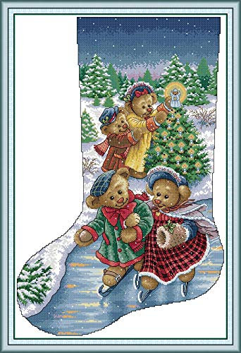 YEESAM ART Kreuzstich-Set, Weihnachtsstrumpf Bären, Weihnachtsbaum, 11 CT, 54 x 77 cm, DIY-Stickset für Erwachsene und Kinder