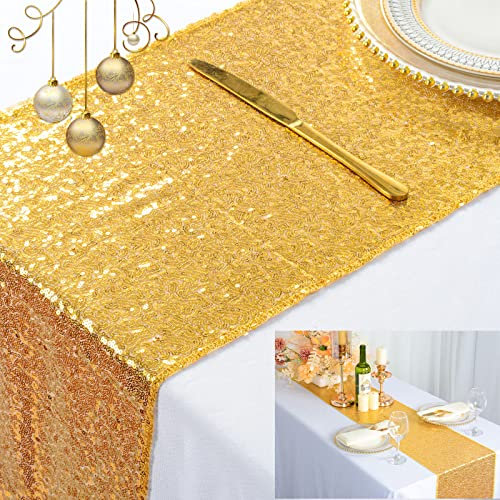 Gold Tischl?Ufer 12x90-Zoll Gold Pailletten Tischl?Ufer Glitter Tischdecke Esstisch L?Ufer 30x225cm Home Decor Party Tischl?Ufer f¨¹r Weihnachten Halloween Event Dekoration (12x90 Zoll)