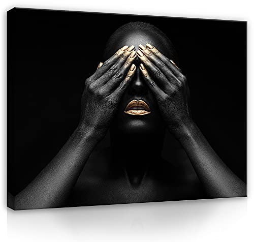 Bilder Frau Lippen goldene Schwarz Gold Lippenstift 100x75 cm - Groß Leinwandbild Wohnzimmer Schlafzimmer Wandbild Kunstdruck Wandbilder Wand Bild auf Leinwand UV-Beständig Geruchsfrei Aufhängefertig