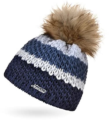 Neverless® Damen Strick-Mütze gefüttert Fleece-Innenfutter Fell-Bommel Kunstfell Winter-Mütze Bommelmütze Grobstrick Mehrfarbig Navy-blau Unisize