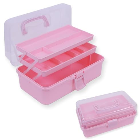 Craftelier - Caja de Herramientas de Plástico | Caja Organizadora de Plástico con Compartimentos | Organizador de Medicamentos y Scrapbooking | Tamaño Aproximado 32 x 13,5 x 18,5 cm - Color Rosa